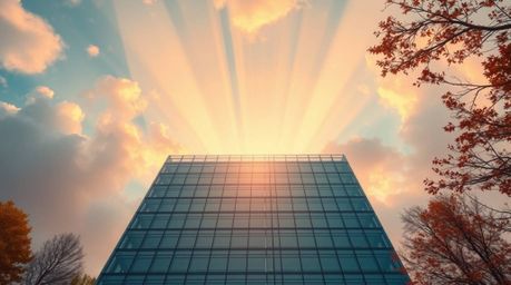 Explore the stunning visuals of volumetric lighting casting a warm autumn glow, seamlessly merging with a modern glass buildi