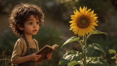 a warmly lit, cinematic photograph of a freckled, curly-haired young genius with bright, inquisitive brown eyes, wearing a wo