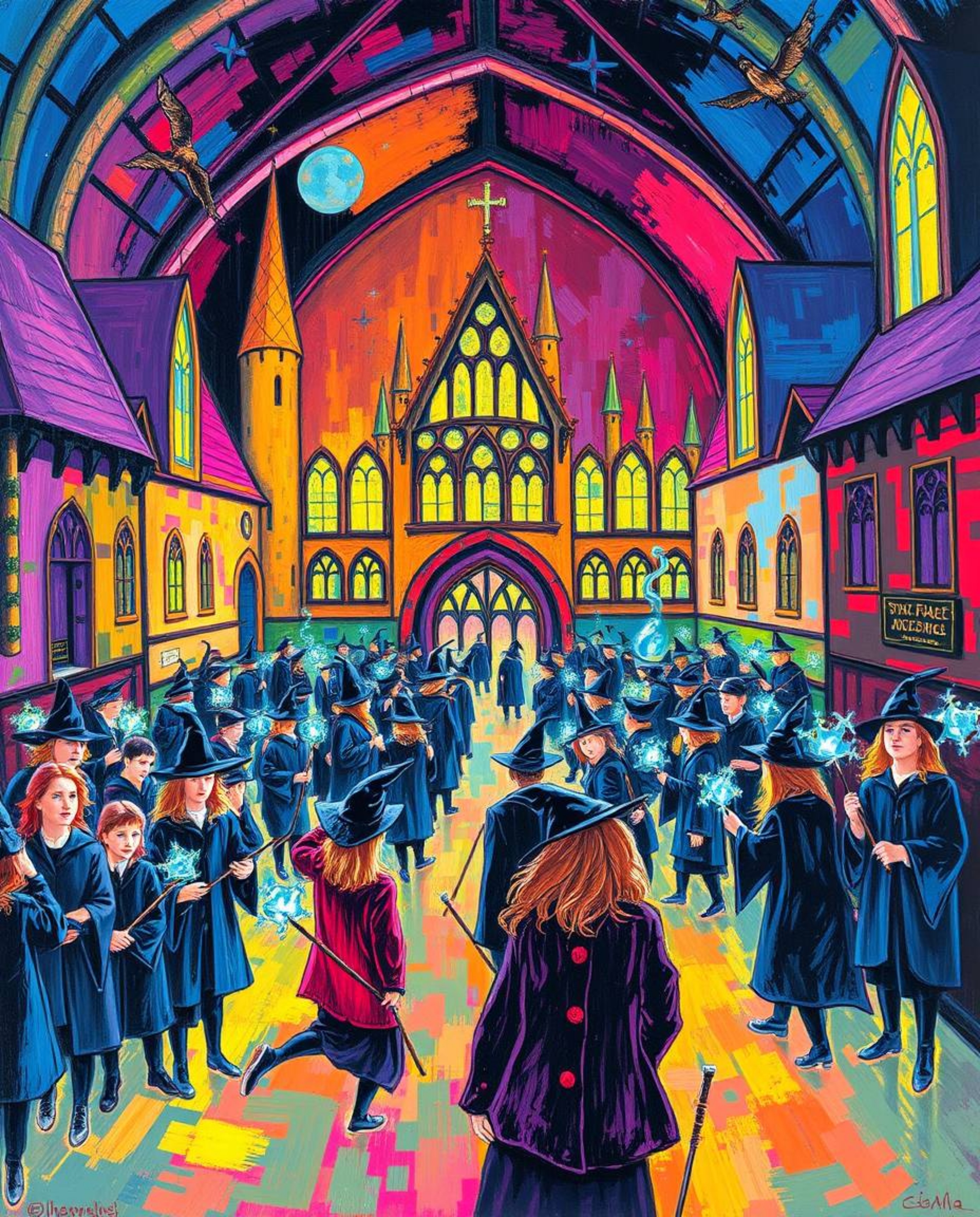 A captivating acrylic painting depicts a magical school brimming with young wizards. Bold colors and textured brushstrokes c