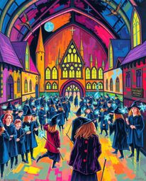 A captivating acrylic painting depicts a magical school brimming with young wizards. Bold colors and textured brushstrokes c