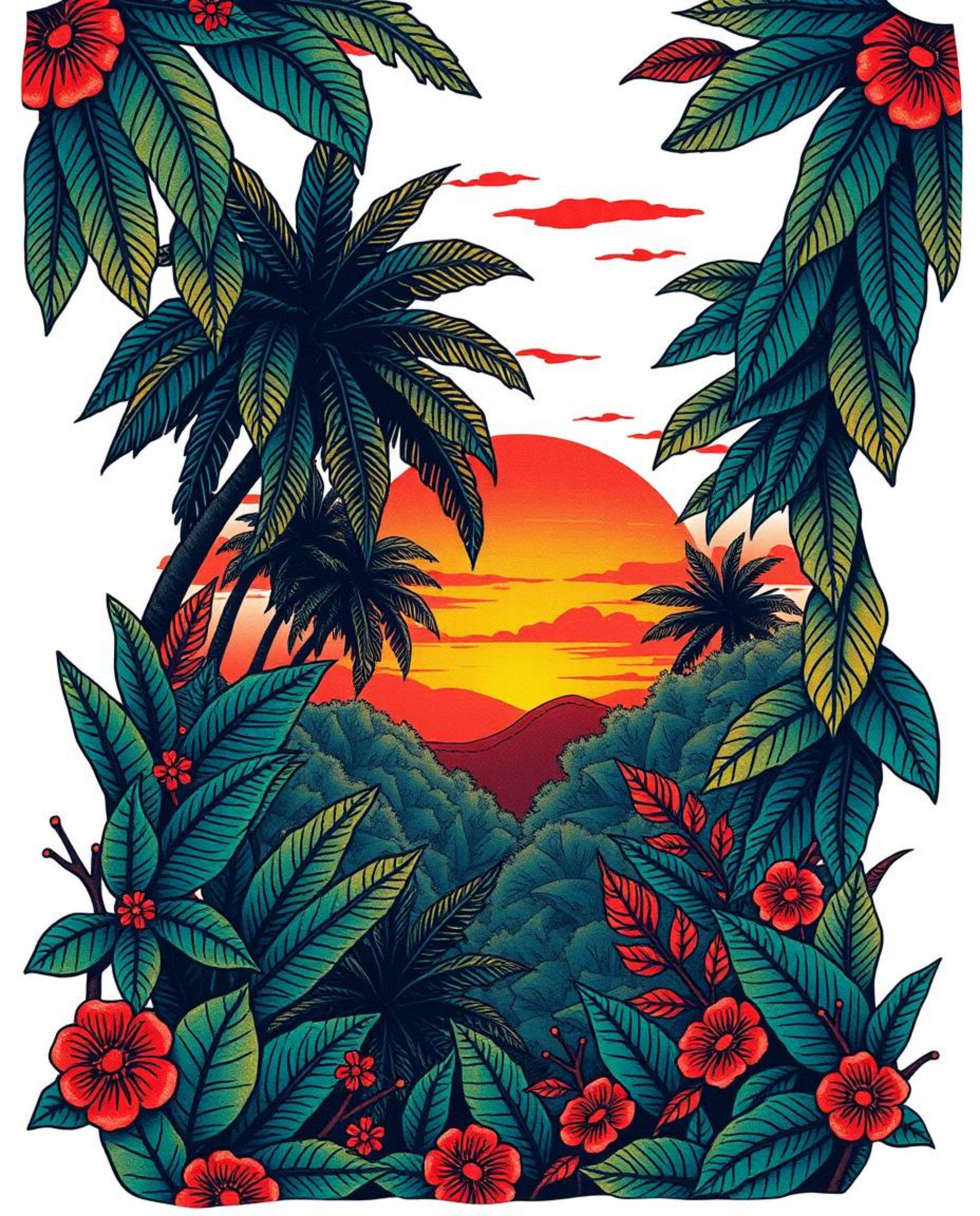 A traditional tattoo art print depicts an adorable and charming sunset viewed through a dense jungle canopy. This piece is re