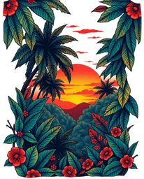 A traditional tattoo art print depicts an adorable and charming sunset viewed through a dense jungle canopy. This piece is re