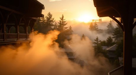 Capture the ethereal beauty of a forest at golden hour with this architectural color photograph. The image showcases dynamic 