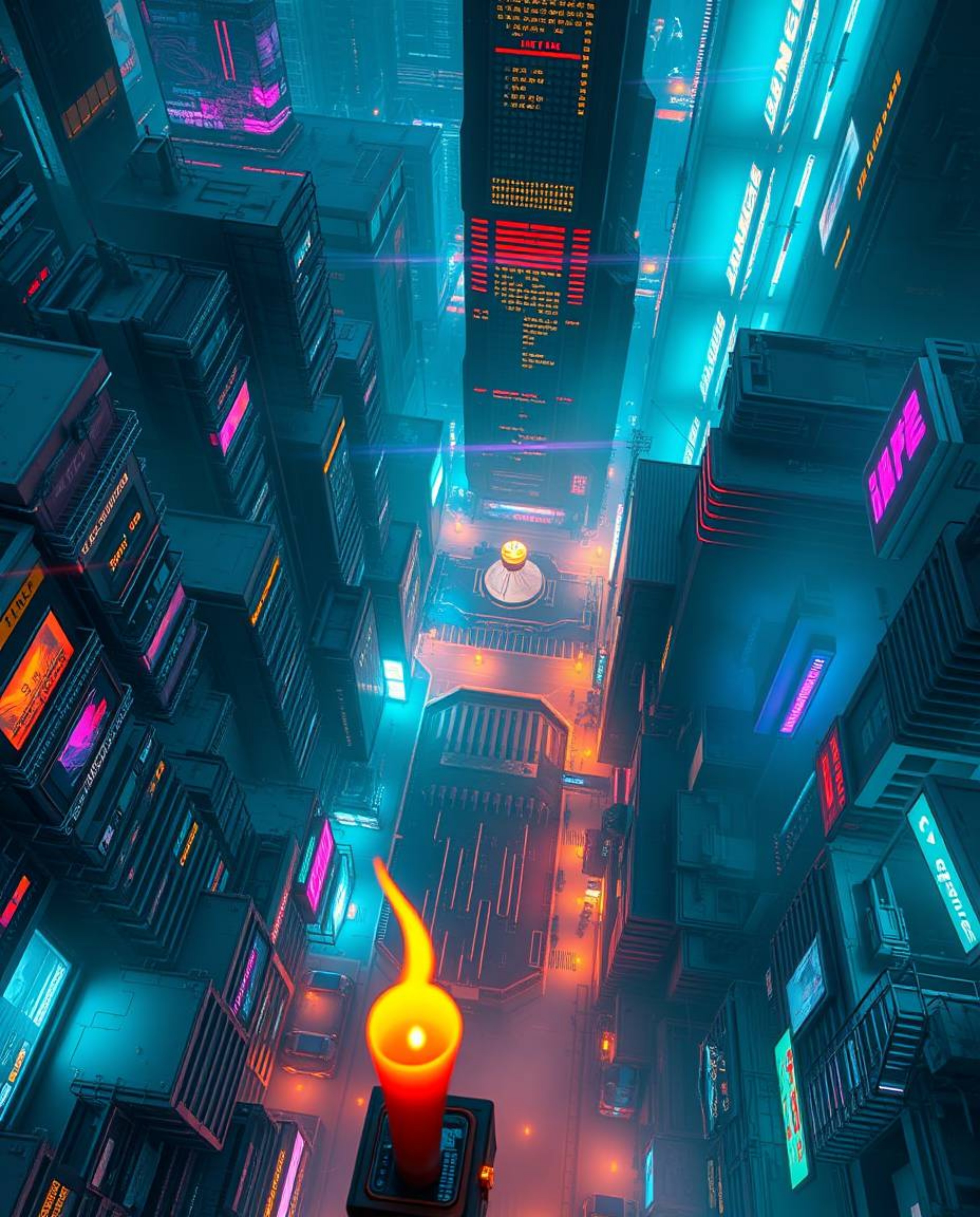 Experience a breathtaking overhead view of a futuristic cyberpunk cityscape, alive with colorful neon splashes, warm candleli