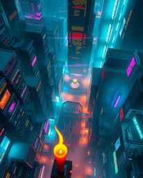 Experience a breathtaking overhead view of a futuristic cyberpunk cityscape, alive with colorful neon splashes, warm candleli