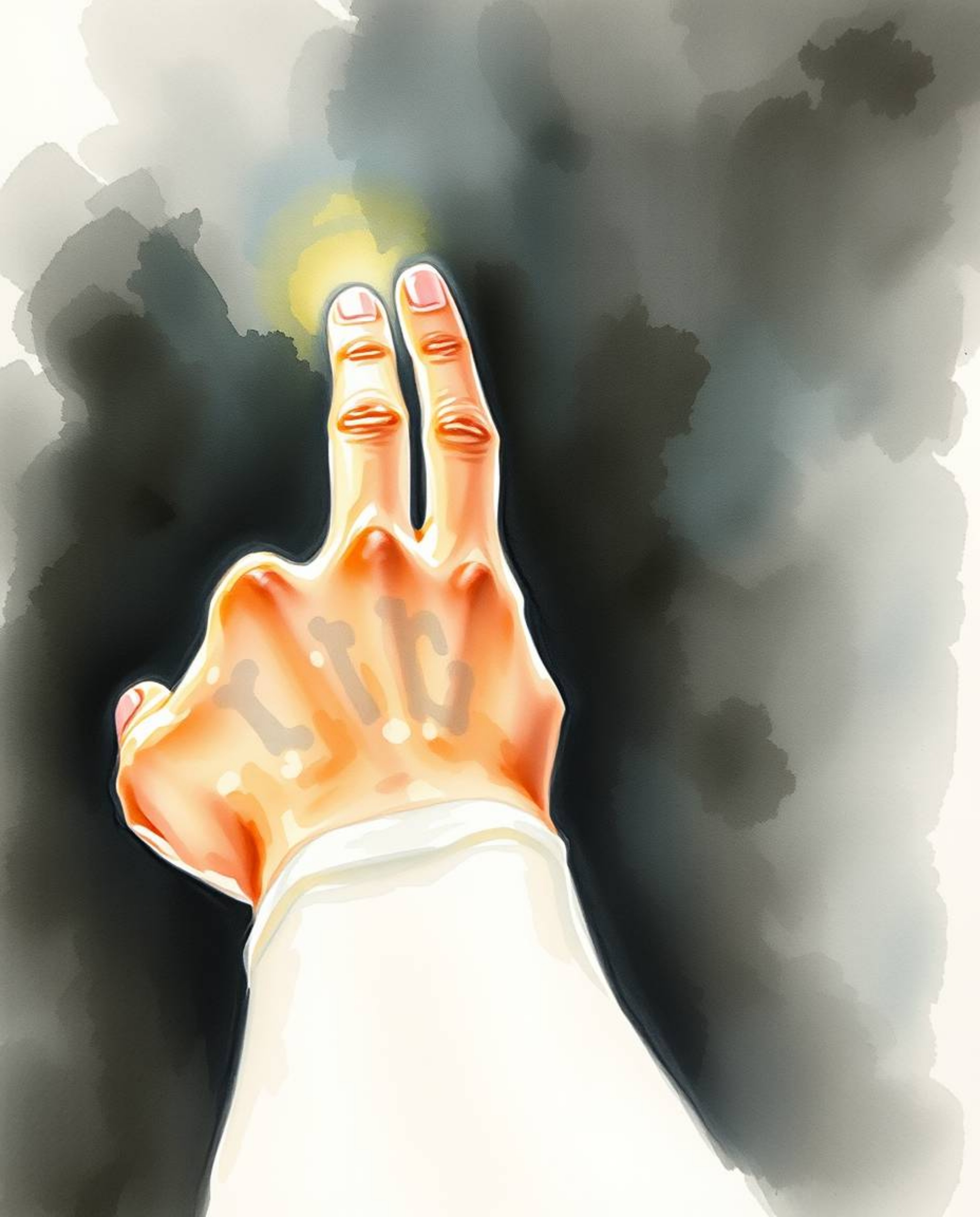 A captivating watercolor painting depicts a hand emerging from darkness, reaching towards a source of light.  The artwork uti