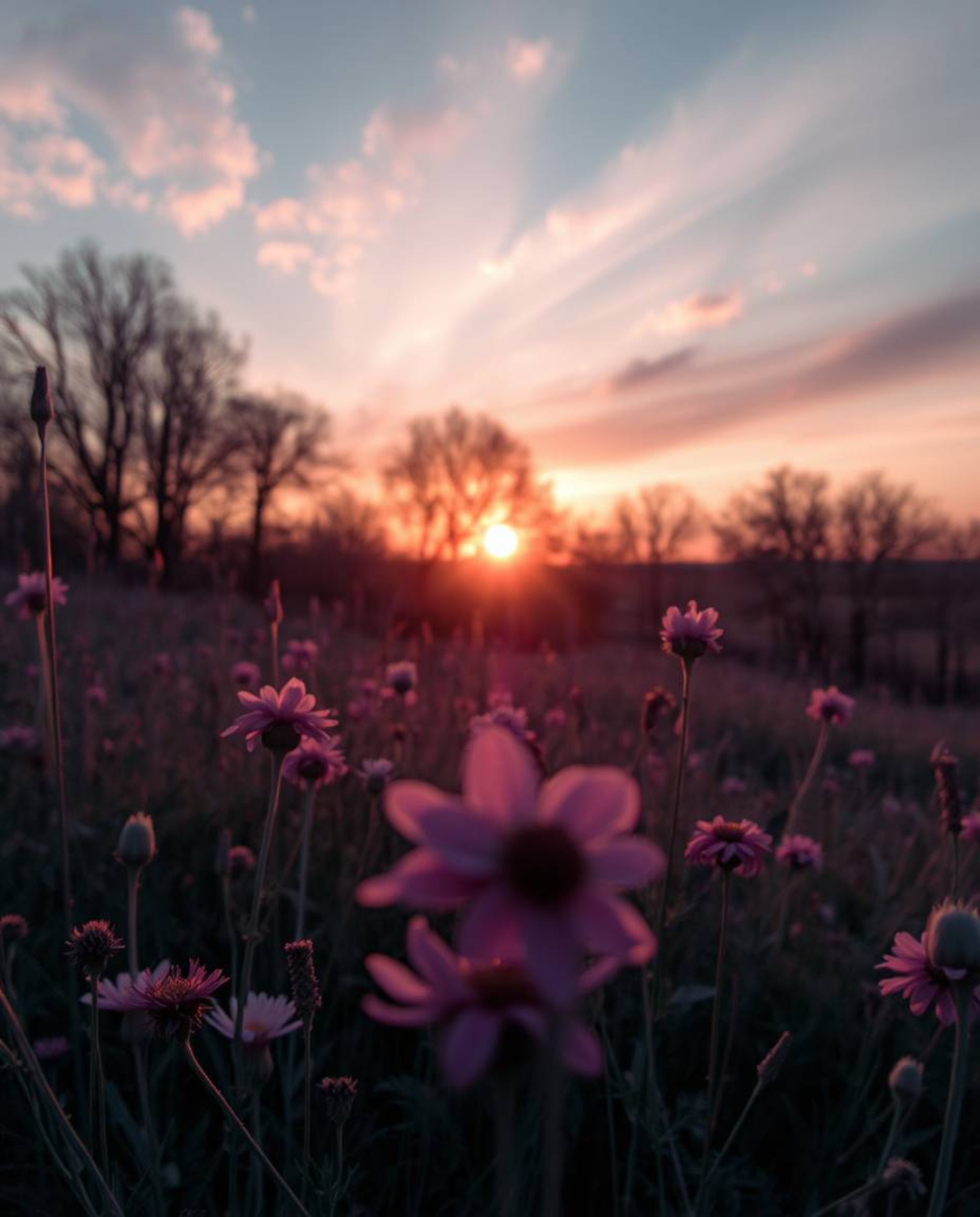 A surreal tight close-up shot capturing a spring sunset over a wildflower meadow in stunning infrared tones. This technique e