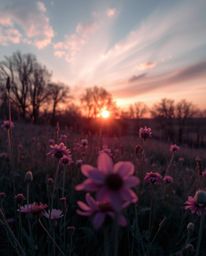 A surreal tight close-up shot capturing a spring sunset over a wildflower meadow in stunning infrared tones. This technique e
