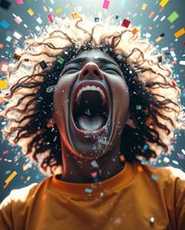 A captivating digital art piece depicting a person screaming as their world explodes into a vibrant, pixelated chaos of brigh