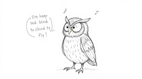 A heartwarming hand-drawn sketch reminiscent of Pixar, portrays a blind owl with textured pencil strokes guiding birds in the