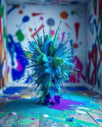 This captivating image features a room consumed by a paint explosion, rendered in a cool color palette dominated by blues, gr