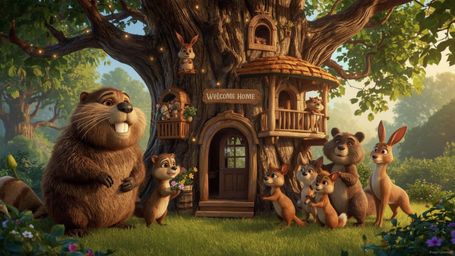 In a vibrant, high-resolution stock photo reminiscent of a Pixar animation, a kind, smiling beaver is building an intricately