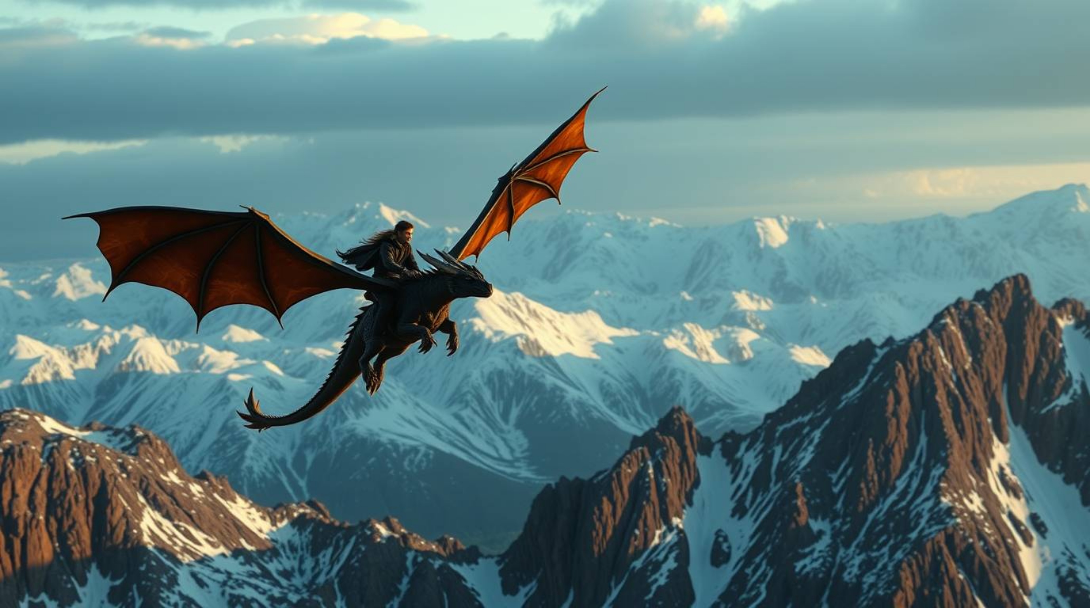 Experience a breathtaking cinematic scene featuring a dragon and rider soaring above icy mountains. The visual style is drama