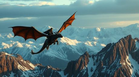 Experience a breathtaking cinematic scene featuring a dragon and rider soaring above icy mountains. The visual style is drama