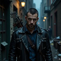 In a dimly lit, rain-soaked alleyway, a brooding vampire hunter stands ready.  Clad in a worn leather jacket and armed with a