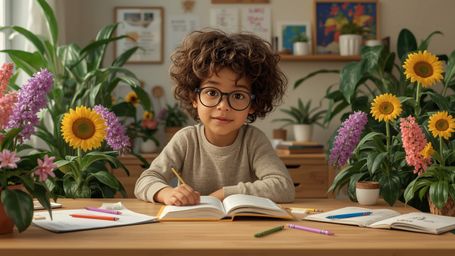 A high-resolution stock photo of a bright-eyed, bespectacled, and curly-haired young homeschooled genius, around 10-12 years 