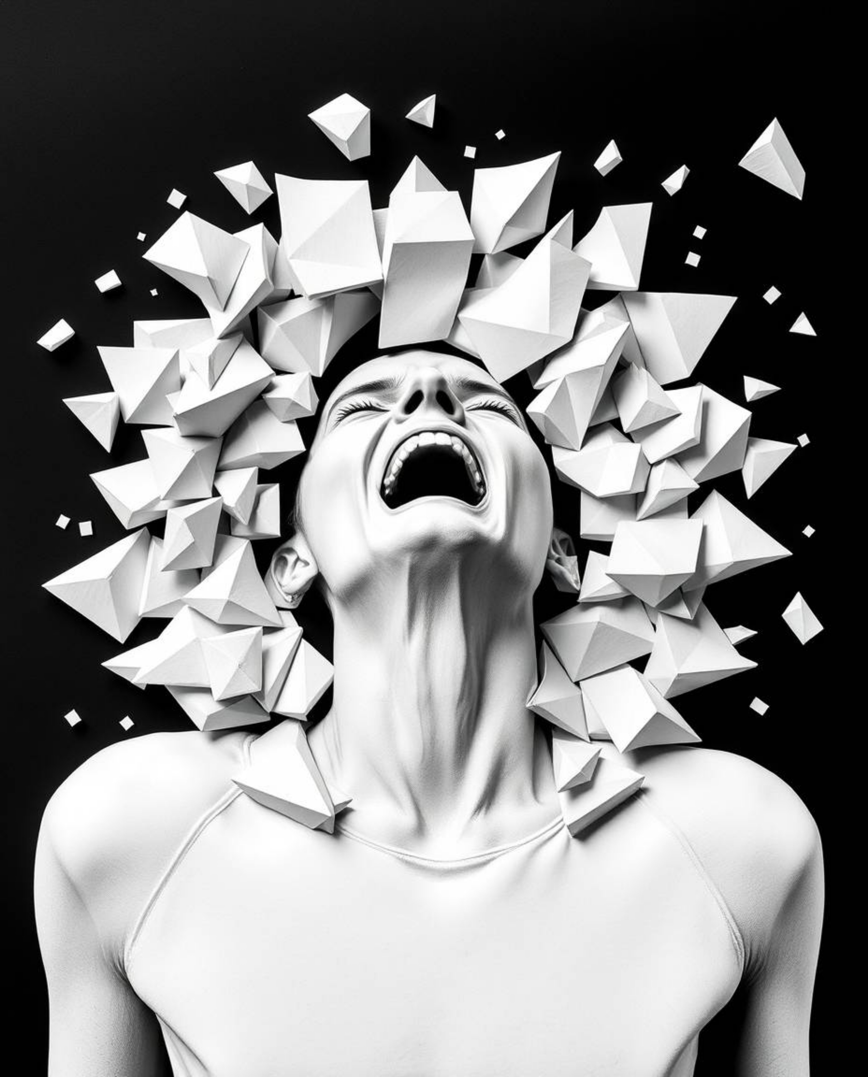 Witness a person's primal scream as their reality crumbles into a mesmerizing cascade of pixels. This artwork, rendered in a 