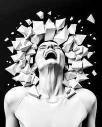 Witness a person's primal scream as their reality crumbles into a mesmerizing cascade of pixels. This artwork, rendered in a 