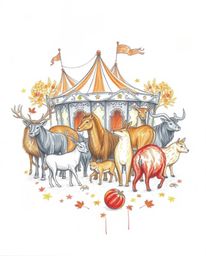 This image features a captivating hand-drawn sketch rendered in warm autumn colors.  A whimsical carnival is overtaken by wil