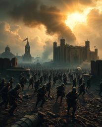Explore a grand and epic battlefield where time-warped soldiers clash amidst crumbling buildings. This scene features intense
