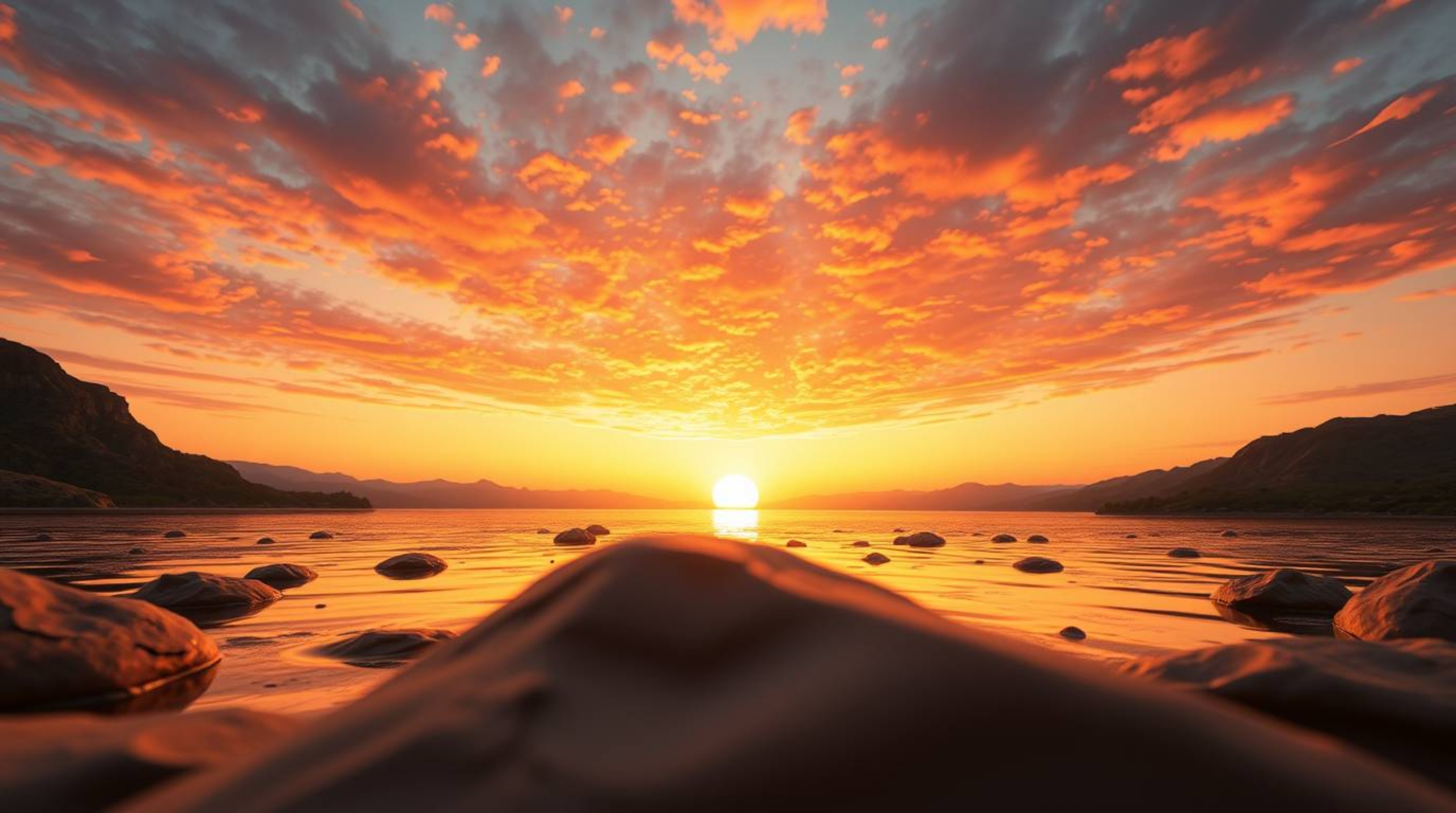 This collection showcases sculptural clay art featuring a serene lake reflecting a vivid sunset, captured from a dramatic low