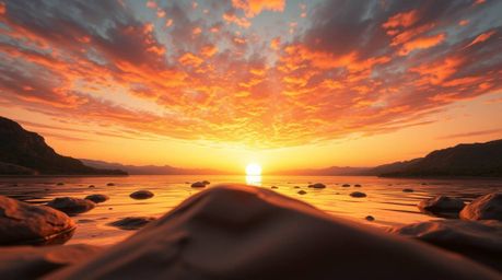 This collection showcases sculptural clay art featuring a serene lake reflecting a vivid sunset, captured from a dramatic low