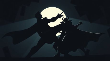 A captivating illustration showcasing a strong, moody style depicts a superhero with a cape battling a comical villain.  The 