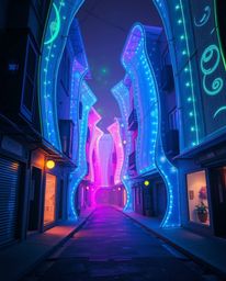 Discover a breathtaking surreal street scene where buildings twist and fold, glowing with bioluminescent blues, greens, and p
