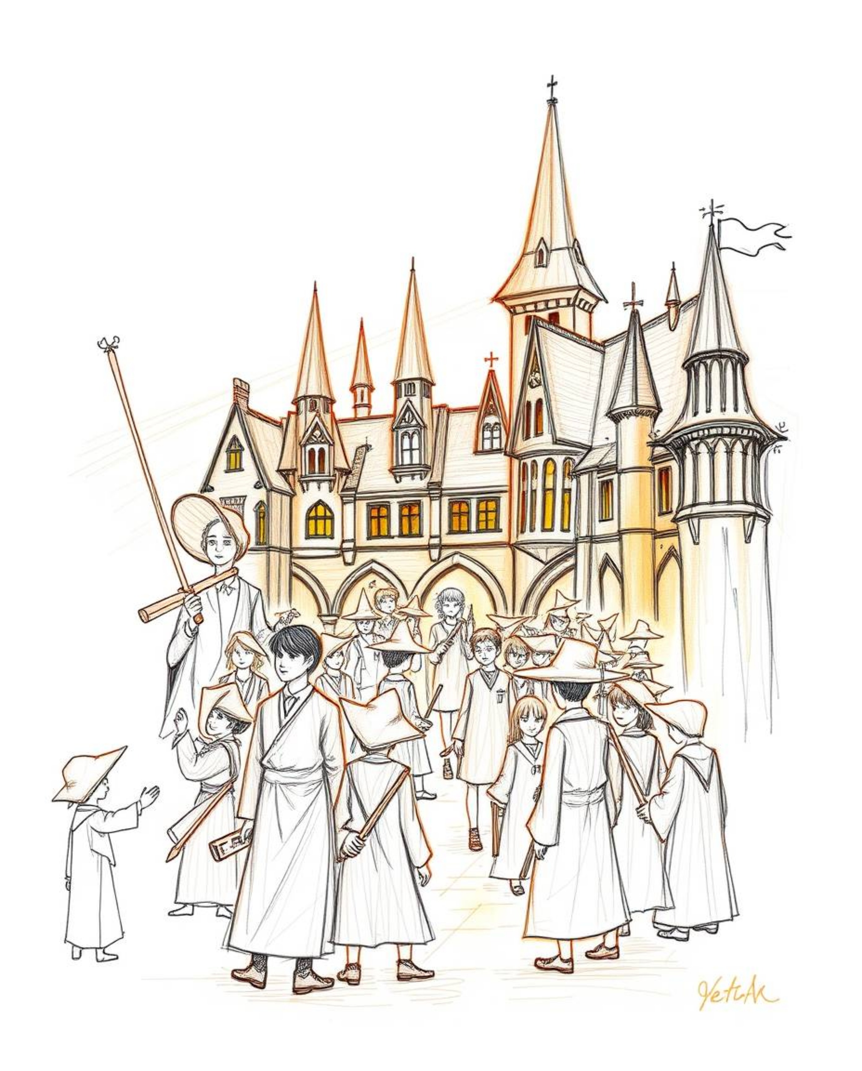 This enchanting hand-drawn sketch depicts a magical school brimming with young wizards, bathed in the warm, inviting glow of