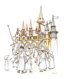 This enchanting hand-drawn sketch depicts a magical school brimming with young wizards, bathed in the warm, inviting glow of 