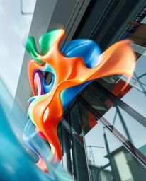 A precise architectural color photograph capturing a dynamic and colorful interplay between 3D fluid shapes and geometric for