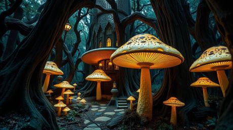 This collection showcases precise architectural color photographs of a vintage-style enchanted forest, featuring glowing mush