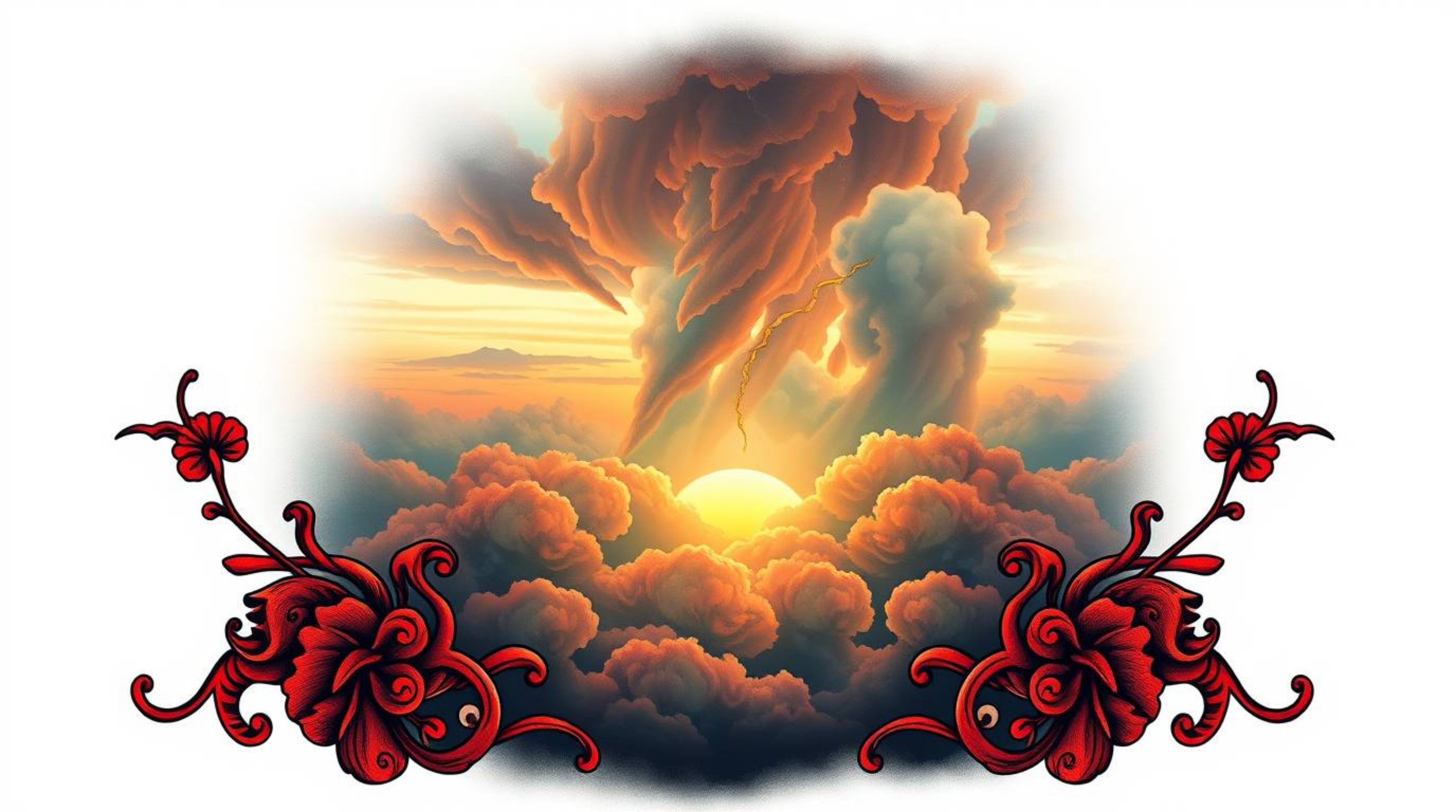 A captivating symbolic traditional tattoo art print featuring vibrant colors and complex ornamental designs.  The image showc