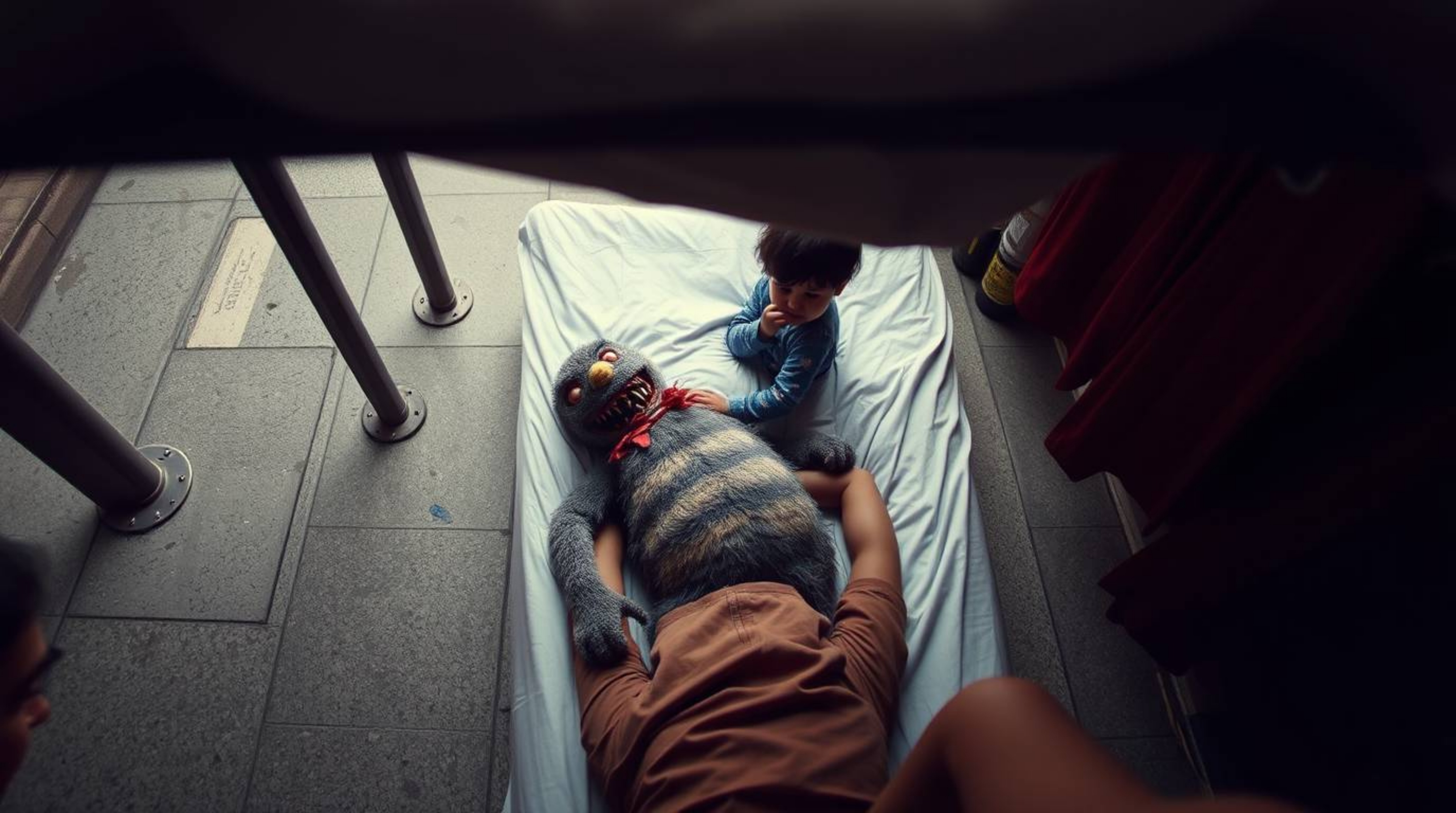 A heartwarming candid street photograph captures a unique friendship between a child and a monster hiding under a bed.  Shot 