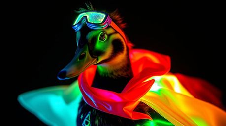 Imagine a duck, not just any duck, but one clad in a zany superhero costume, radiating an otherworldly glow. Bioluminescent e
