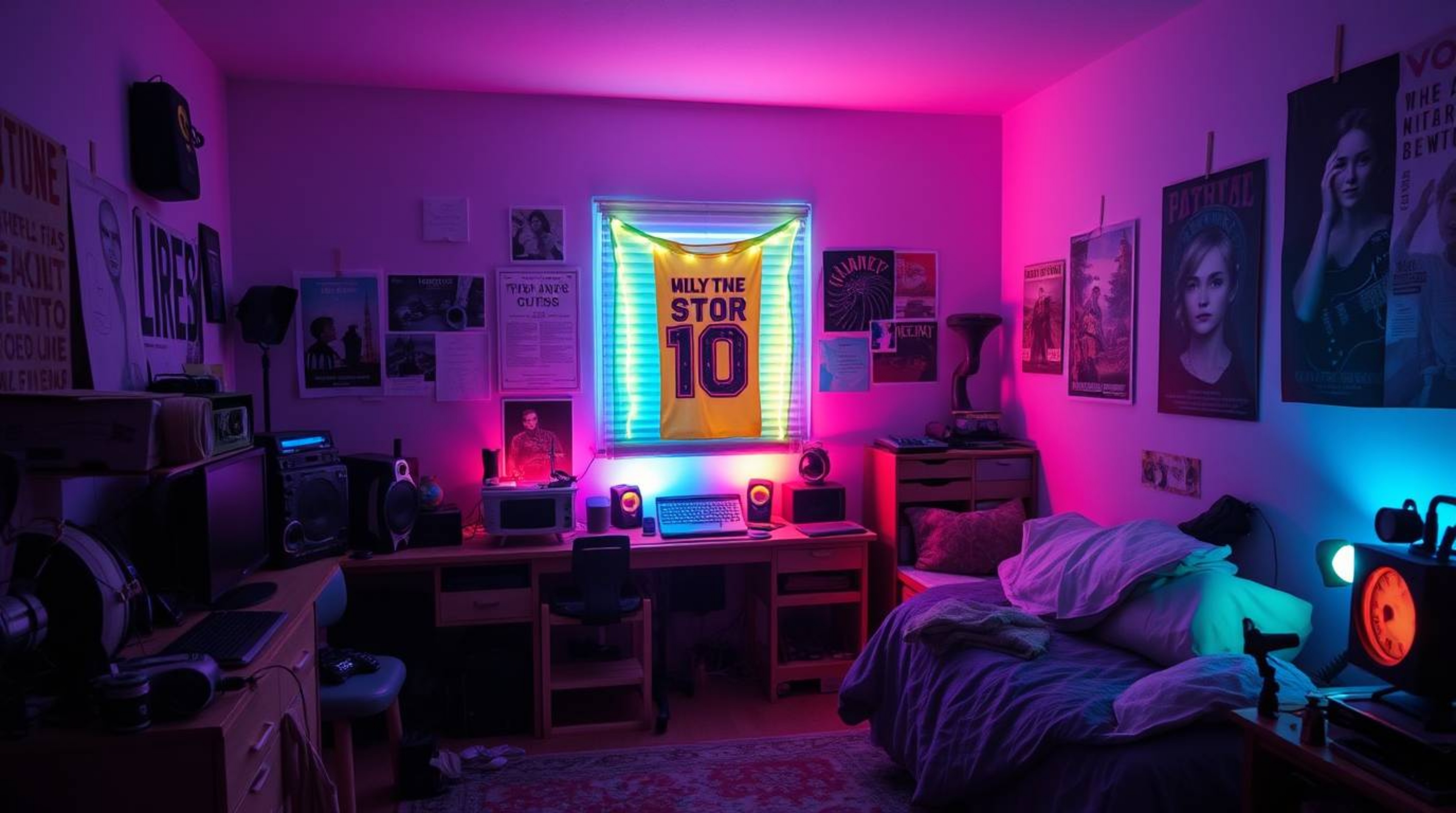 A vibrant and messy bedroom scene glows with bioluminescent colors and gradients.  Weird gadgets and posters add to the uniqu