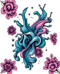 This vibrant retro-style tattoo print showcases abstract liquid forms in 3D, rendered in a rich palette of deep teal and past