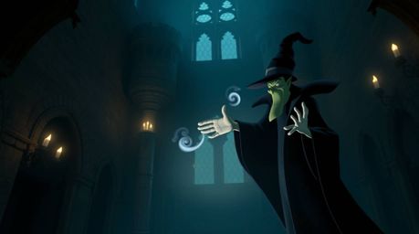 A classic Disney villain is depicted casting a powerful spell within the ancient walls of an old castle. The scene is capture