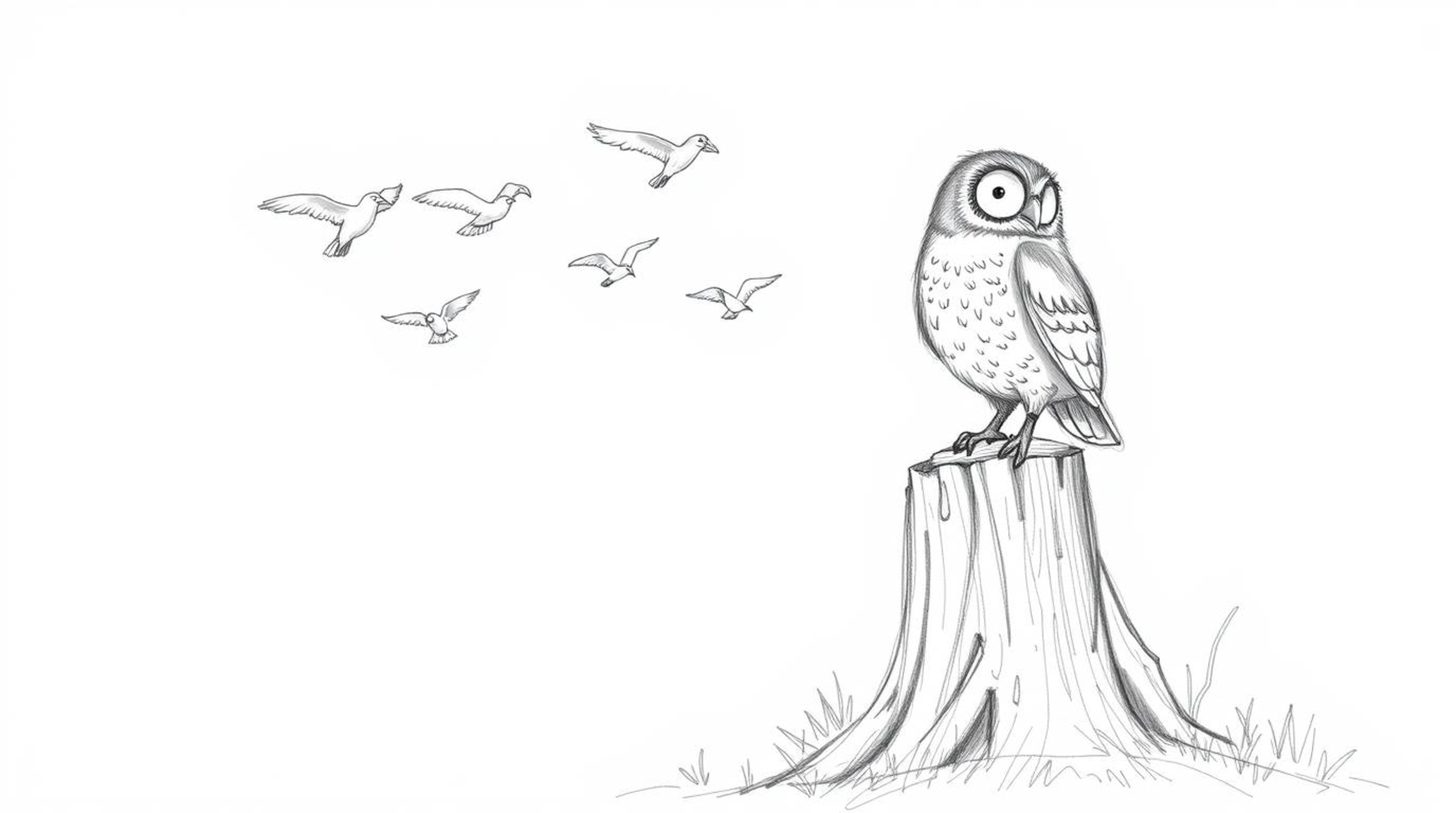 A heartwarming, hand-drawn pencil sketch captures a blind, Pixar-esque owl perched on a tree stump, radiating joy as he watch