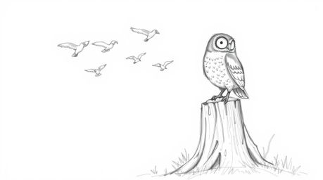 A heartwarming, hand-drawn pencil sketch captures a blind, Pixar-esque owl perched on a tree stump, radiating joy as he watch