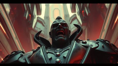 A dark-skinned villain with dramatic features experiences a hilarious comedic breakdown against the backdrop of massive futur