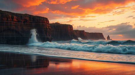 A captivating collection of images featuring warm sunset hues, dramatic ocean waves crashing against cliffs, and charming, ad