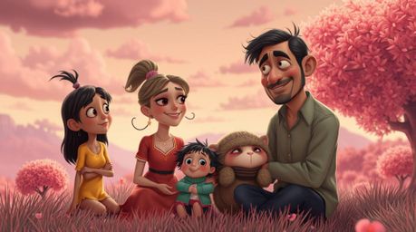 Explore a surreal illustration bathed in infrared tones, creating an otherworldly appearance. Witness a heartfelt family reun