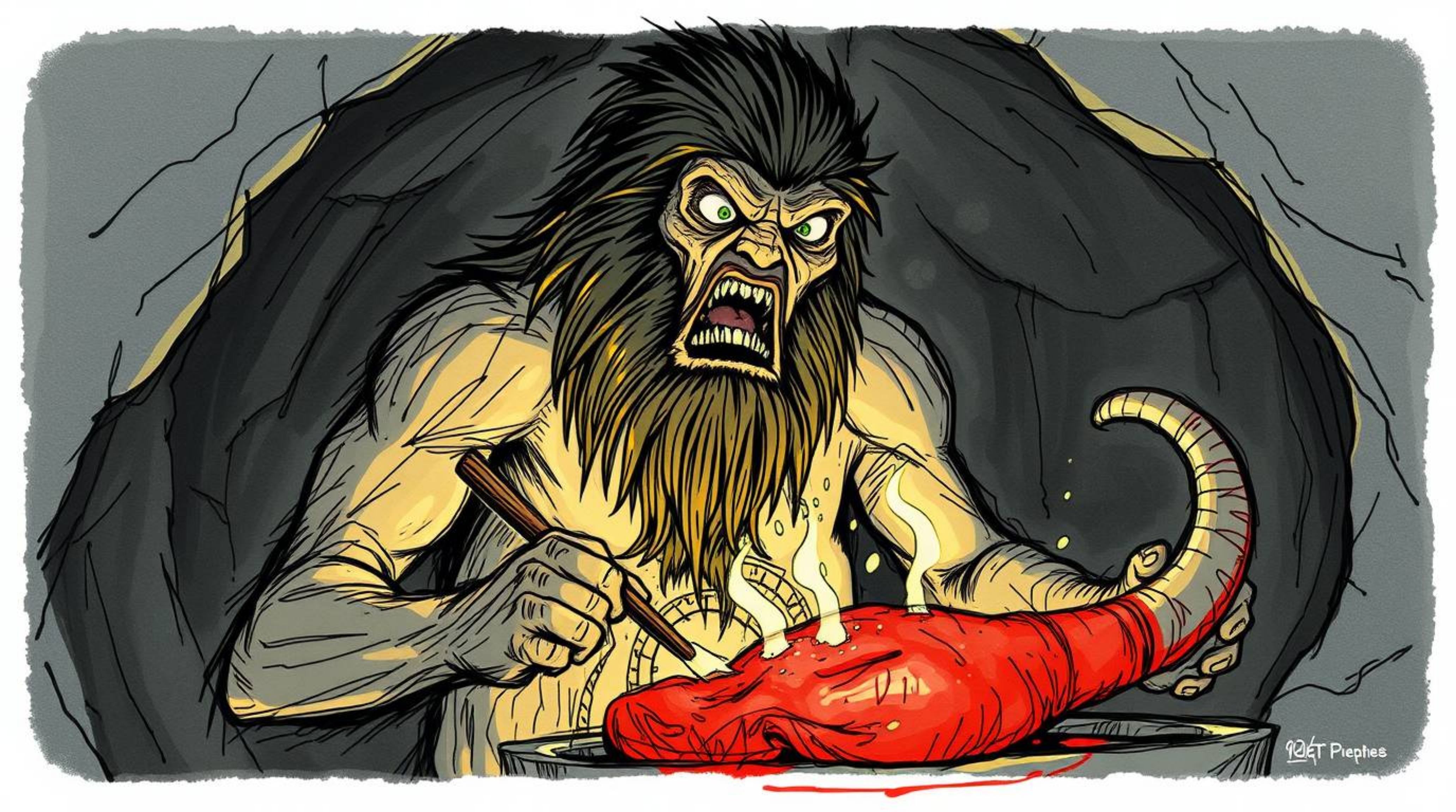 This artwork presents an eerie and creepy hand-drawn sketch of a caveman with exaggerated features, diligently cooking mammot