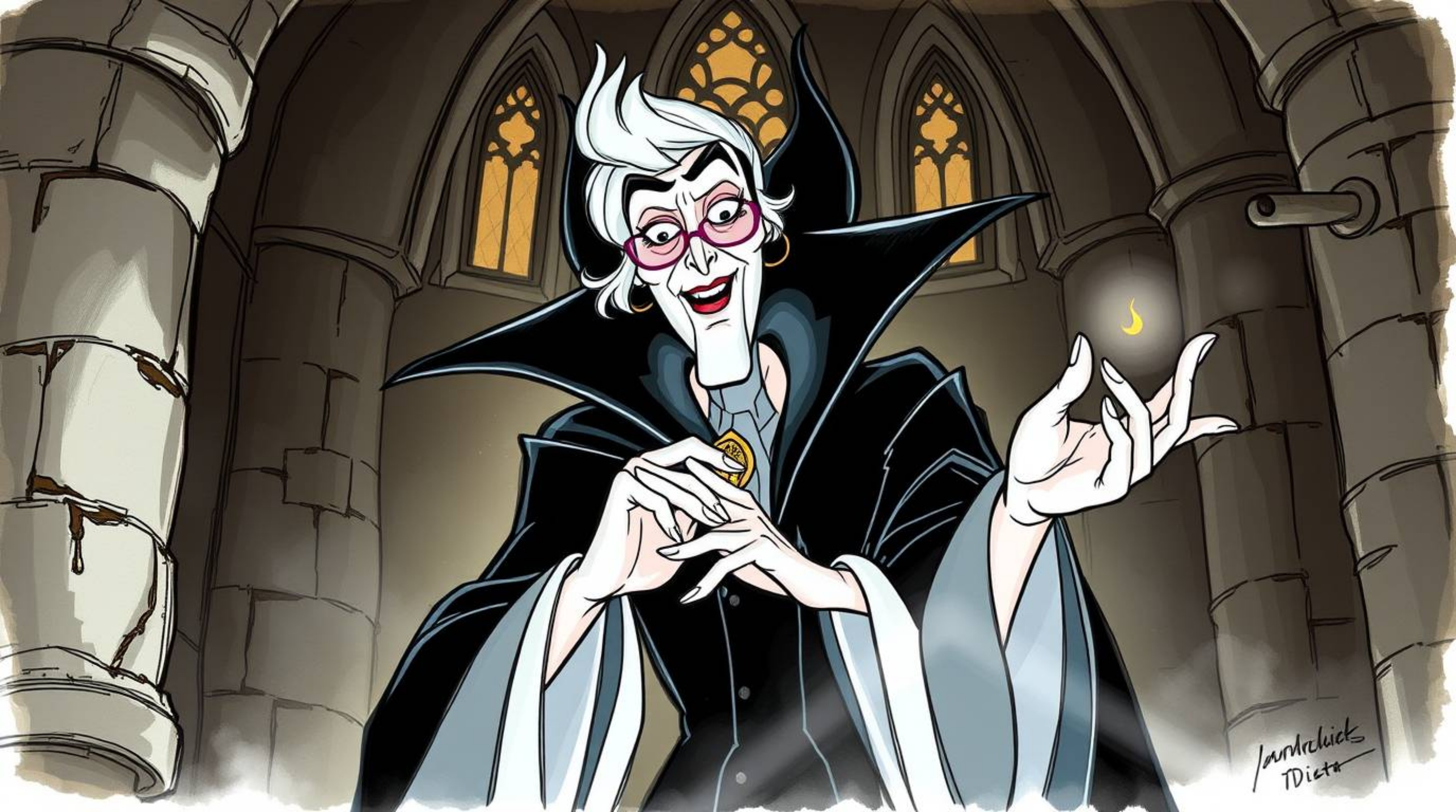 Explore a captivating color sketchnote featuring a classic Disney villain with elegant, refined features casting a powerful s