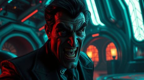 A darkly comedic scene unfolds in a luxurious, high-tech lair bathed in deep teal light.  A villain with expressive eyes and 