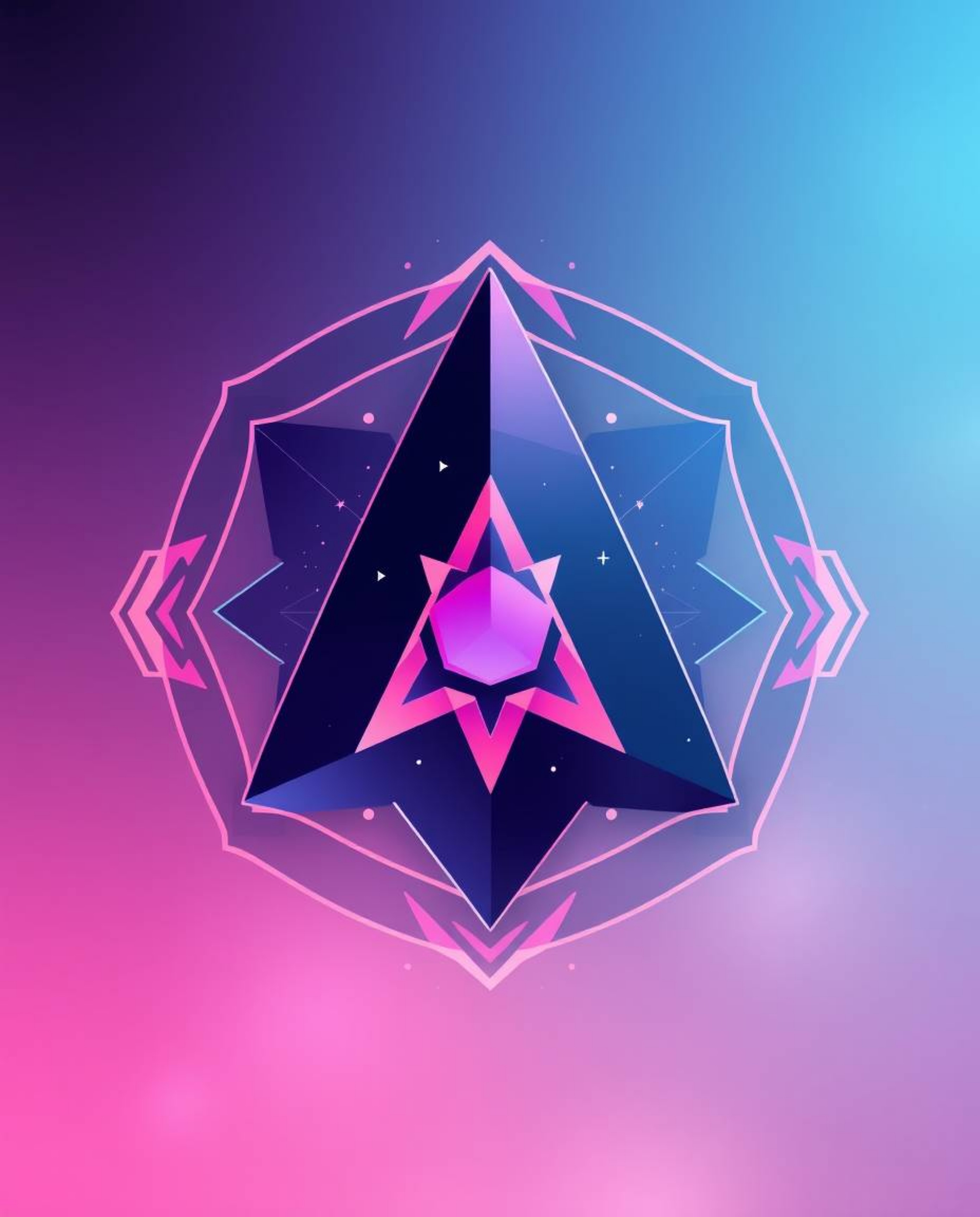 A logo inspired by glitched geometric shapes evokes a mystic, enchanting cyberspace matrix environment.  Gentle color contras
