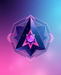 A logo inspired by glitched geometric shapes evokes a mystic, enchanting cyberspace matrix environment.  Gentle color contras