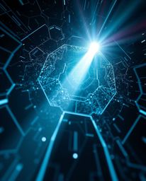 A high-angle perspective shot showcasing a futuristic digital interface illuminated by strong, harsh light, creating direct a