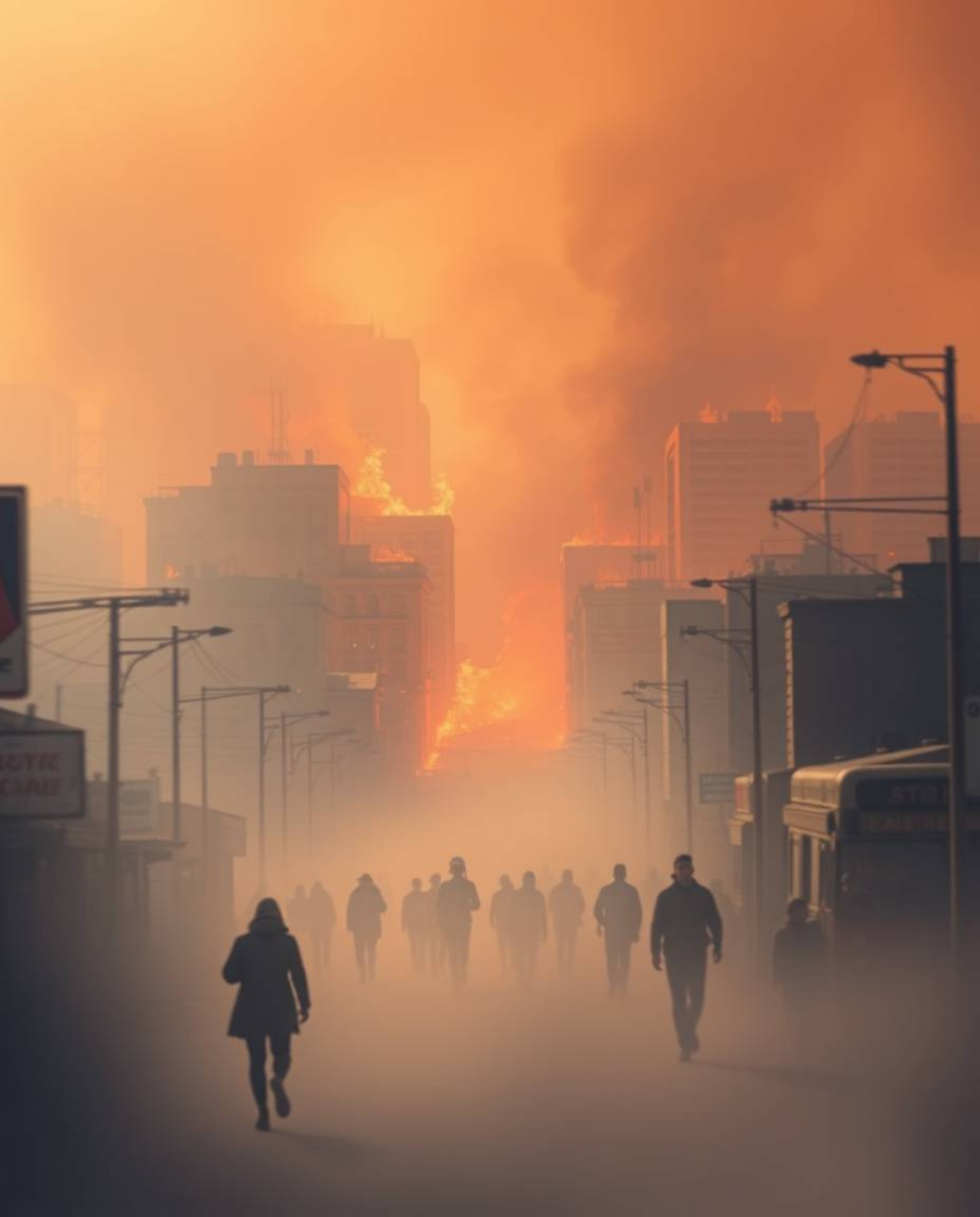 A visually striking scene depicting a city consumed by flames, juxtaposed with a dreamy and serene atmosphere as people are r